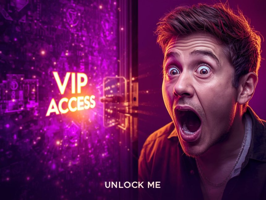 A person emotionally reacting to unlocking exclusive digital access using a token, with vibrant colors and futuristic Web3 visuals.