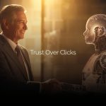 A marketer forming a partnership with AI represented by a glowing hologram, illustrating the shift toward trust-centered, long-term customer relationships through ethical AI marketing.