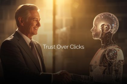 A marketer forming a partnership with AI represented by a glowing hologram, illustrating the shift toward trust-centered, long-term customer relationships through ethical AI marketing.