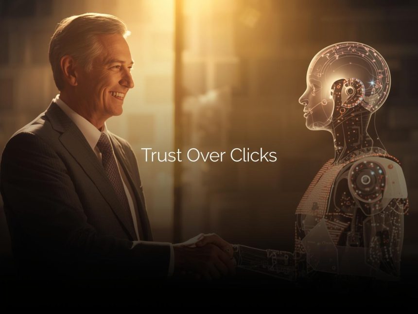 A marketer forming a partnership with AI represented by a glowing hologram, illustrating the shift toward trust-centered, long-term customer relationships through ethical AI marketing.