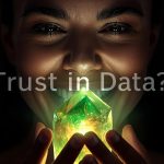 A joyful woman with tears of triumph holds a glowing AI crystal emitting green and orange light, set against a futuristic background.