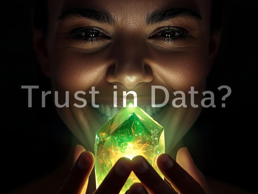 A joyful woman with tears of triumph holds a glowing AI crystal emitting green and orange light, set against a futuristic background.