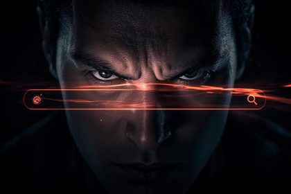 A skeptical face lit by a glowing search bar, symbolizing the tension between trust and clicking on branded search results.