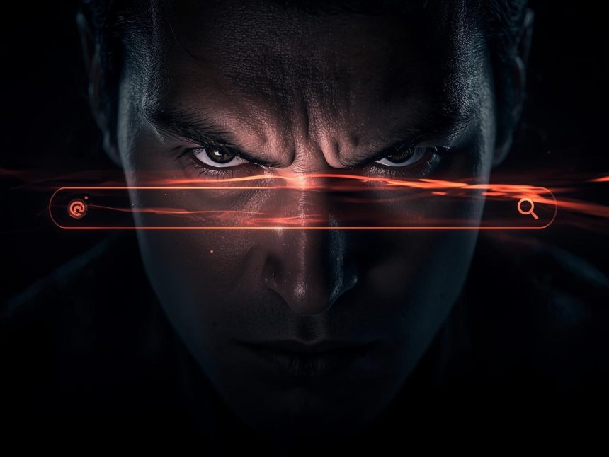 A skeptical face lit by a glowing search bar, symbolizing the tension between trust and clicking on branded search results.