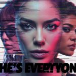 A confident virtual influencer with glowing eyes surrounded by digital campaign visuals and social media icons in neon lighting.