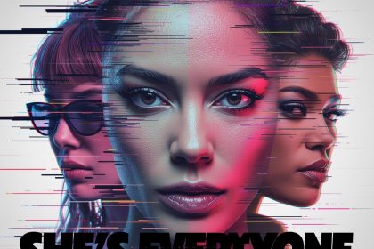 A confident virtual influencer with glowing eyes surrounded by digital campaign visuals and social media icons in neon lighting.