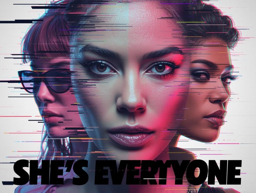 A confident virtual influencer with glowing eyes surrounded by digital campaign visuals and social media icons in neon lighting.