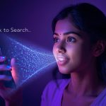 Person using voice search and conversational AI assistant to get instant answers, representing the evolution of natural language SEO in 2025.