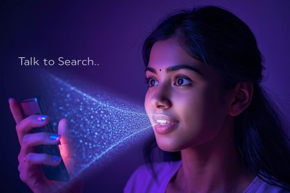Person using voice search and conversational AI assistant to get instant answers, representing the evolution of natural language SEO in 2025.