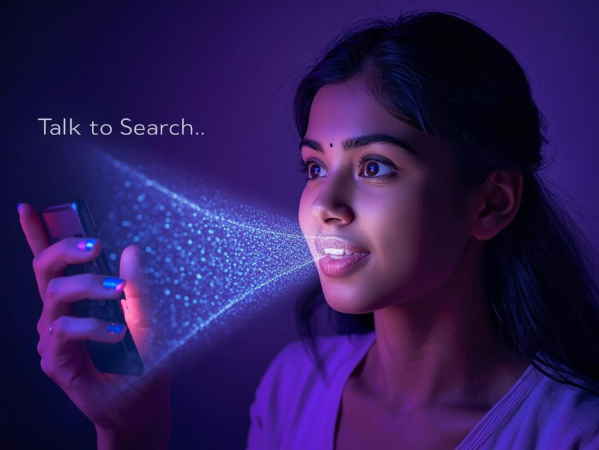 Person using voice search and conversational AI assistant to get instant answers, representing the evolution of natural language SEO in 2025.
