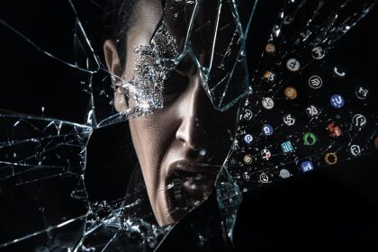 Emotional face lit by blockchain glow, symbolizing the shift to decentralized marketing.