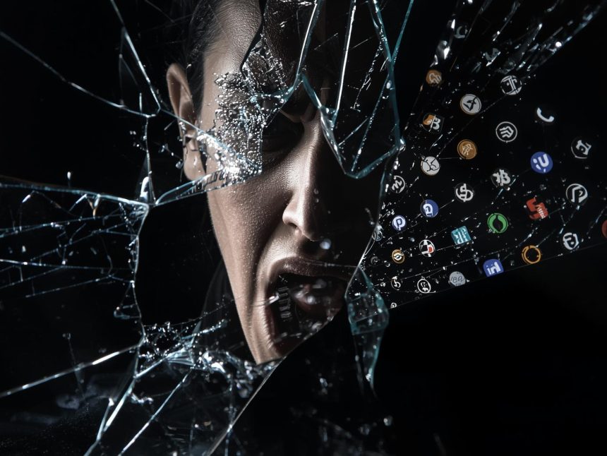 Emotional face lit by blockchain glow, symbolizing the shift to decentralized marketing.