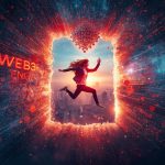 A woman leaps through a “WEB3 ENGAGE” portal in red and blue, with orange and cyan fragments, a futuristic city, and a glowing blockchain node.
