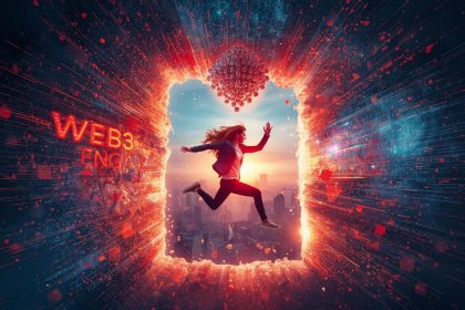 A woman leaps through a “WEB3 ENGAGE” portal in red and blue, with orange and cyan fragments, a futuristic city, and a glowing blockchain node.