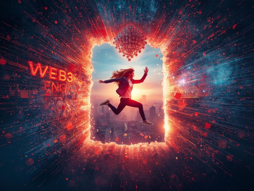 A woman leaps through a “WEB3 ENGAGE” portal in red and blue, with orange and cyan fragments, a futuristic city, and a glowing blockchain node.