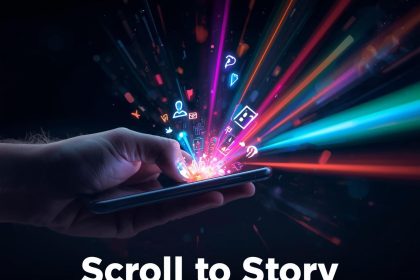 Digital marketer surrounded by glowing video screens, symbolizing the dominance of visual storytelling and video marketing in 2025.