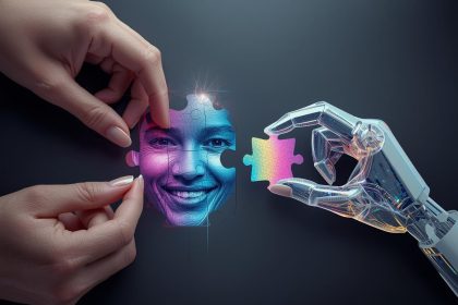 An AI hand helps a person place the final puzzle piece, completing the image of a happy customer's face.