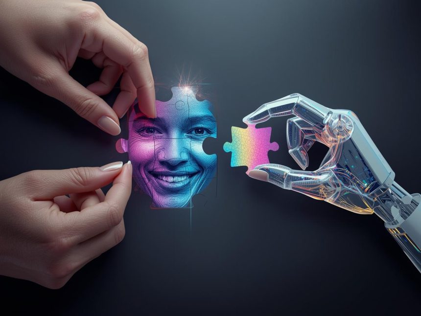 An AI hand helps a person place the final puzzle piece, completing the image of a happy customer's face.