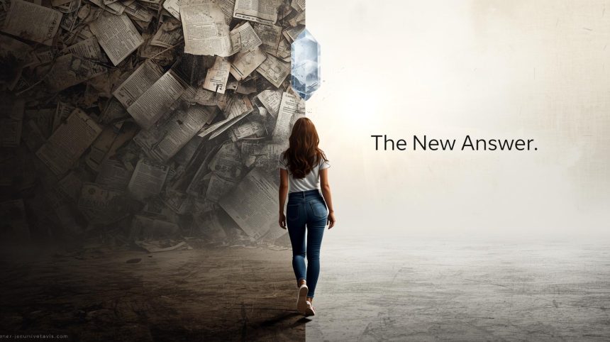 A split-screen image showing the shift from old SEO to new AEO. On the left, a person climbs a chaotic ladder of links, representing traditional SEO. On the right, a hand reaches for a glowing sphere, symbolizing the clear, concise answers of AEO.