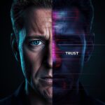 Split image of a face, one side human and the other a digital representation, with the text 'TRUST US?'.