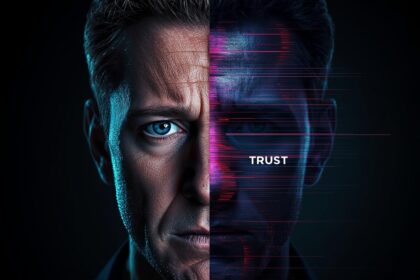 Split image of a face, one side human and the other a digital representation, with the text 'TRUST US?'.
