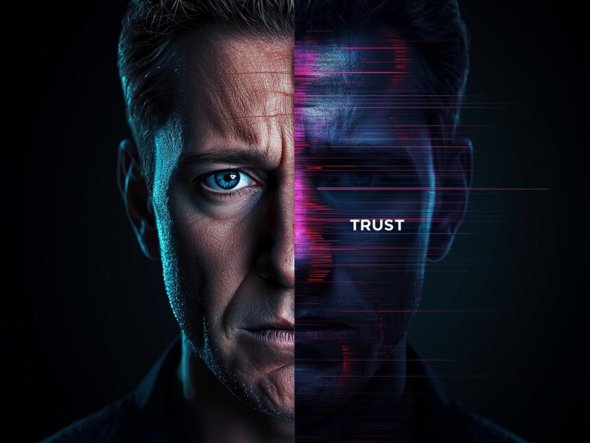 Split image of a face, one side human and the other a digital representation, with the text 'TRUST US?'.