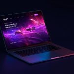 A digital marketer examining an interactive AMP email glowing on screen in contrast to static emails.