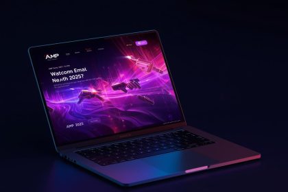 A digital marketer examining an interactive AMP email glowing on screen in contrast to static emails.