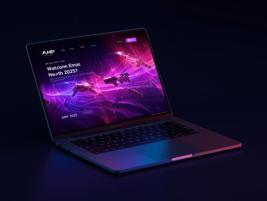 A digital marketer examining an interactive AMP email glowing on screen in contrast to static emails.