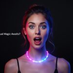 Excited woman experiencing a vibrant AR necklace try-on with glowing neon colors against a dark backdrop.