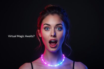 Excited woman experiencing a vibrant AR necklace try-on with glowing neon colors against a dark backdrop.
