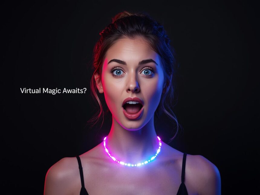 Excited woman experiencing a vibrant AR necklace try-on with glowing neon colors against a dark backdrop.