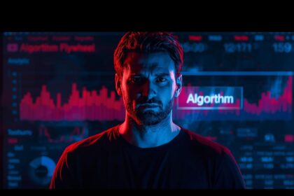 Content creator analyzing YouTube algorithm flywheel on screen