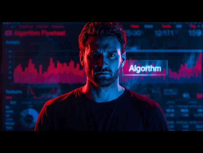 Content creator analyzing YouTube algorithm flywheel on screen