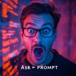 Digital marketer surprised by AI-generated prompts on a futuristic screen.