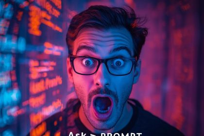 Digital marketer surprised by AI-generated prompts on a futuristic screen.