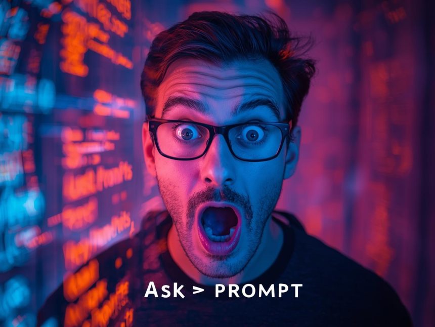 Digital marketer surprised by AI-generated prompts on a futuristic screen.