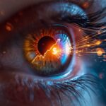 Close-up of a human eye reflecting data charts and a clicking cursor, symbolizing the journey from attention to revenue.