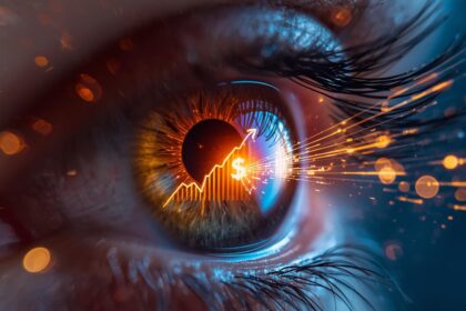 Close-up of a human eye reflecting data charts and a clicking cursor, symbolizing the journey from attention to revenue.