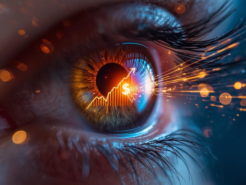 Close-up of a human eye reflecting data charts and a clicking cursor, symbolizing the journey from attention to revenue.