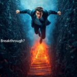 Dynamic image of a business leader jumping across a digital divide via Pinterest pins, symbolizing B2B marketing innovation with visual SERPs and Idea Pins.