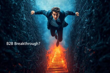 Dynamic image of a business leader jumping across a digital divide via Pinterest pins, symbolizing B2B marketing innovation with visual SERPs and Idea Pins.