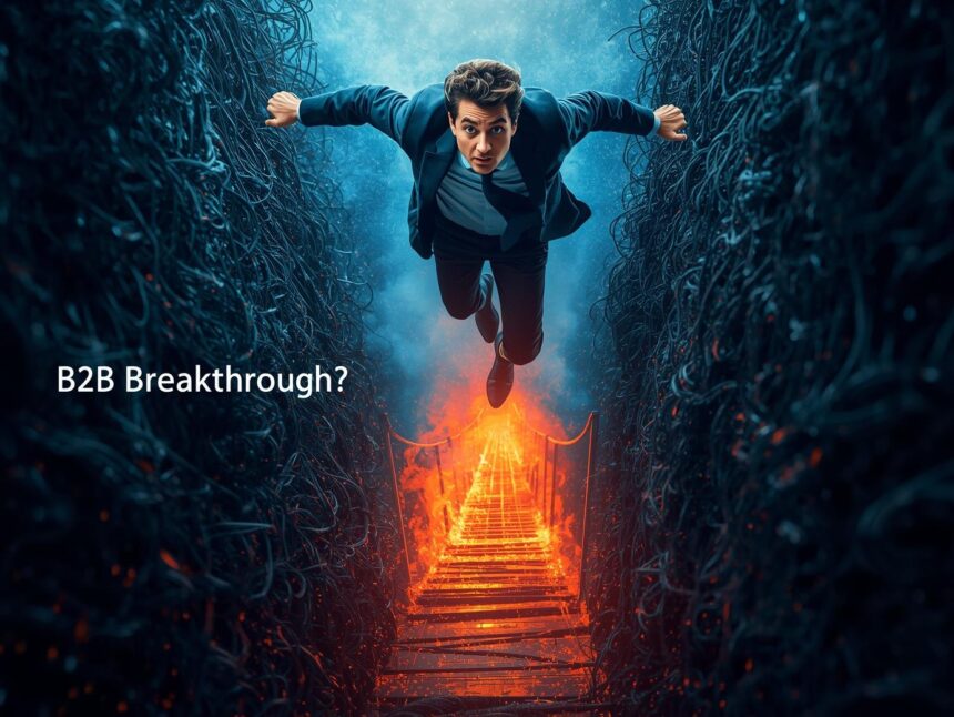 Dynamic image of a business leader jumping across a digital divide via Pinterest pins, symbolizing B2B marketing innovation with visual SERPs and Idea Pins.