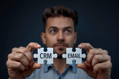 Face in shadows merging into data stream pointing to email icon