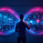 A human–AI collaboration symbolized by a glowing infinity loop.