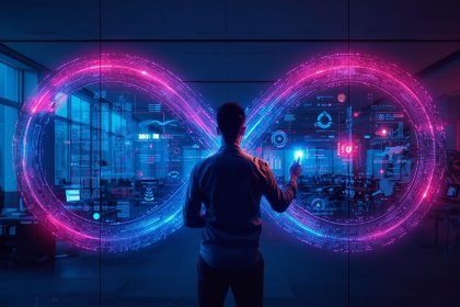 A human–AI collaboration symbolized by a glowing infinity loop.