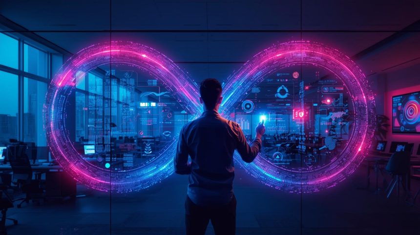 A human–AI collaboration symbolized by a glowing infinity loop.