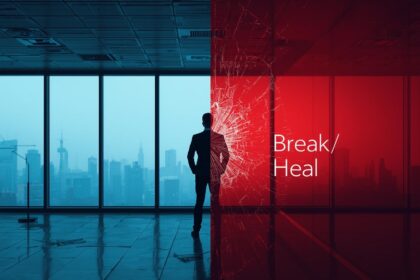 Person in tension with digital distortion, crisis communication AI theme