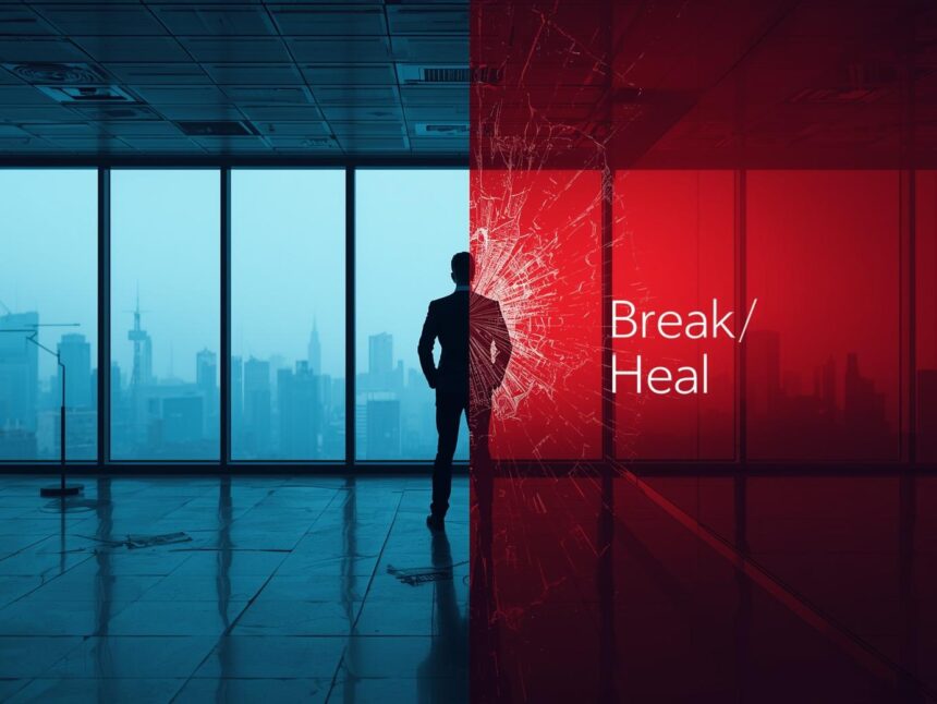 Person in tension with digital distortion, crisis communication AI theme