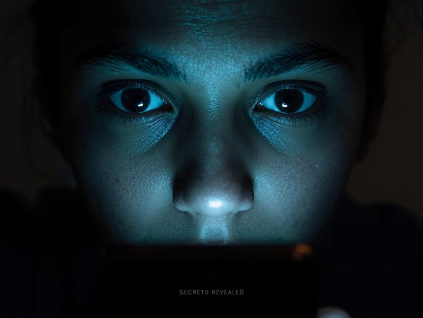 Person curiously viewing phone screen, glowing light, 'Secrets Revealed' text.